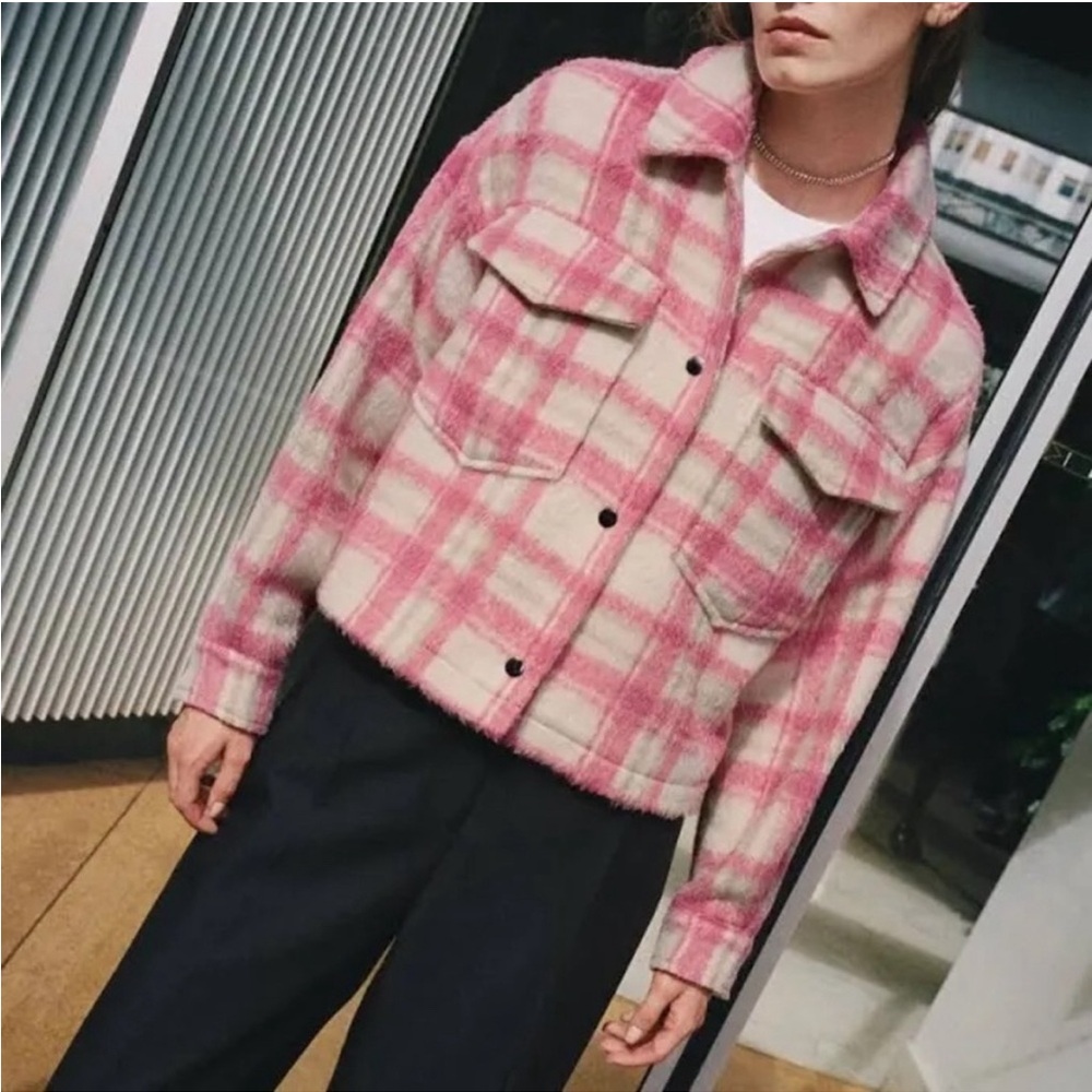 Zara Cropped Plaid Shacket Overshirt Pink/White